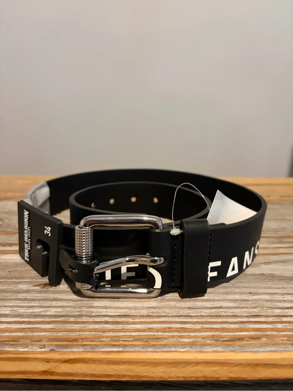 True Religion Black Logo Strap Belt with Silver Buckle Size 34